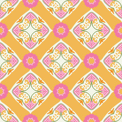 Colorful 1960s fashion seamless pattern, golden yellow and hot pink. Groovy all over print with intricate details, fun and pretty. Great for textiles, paper, home decor, fashion and party decorations.