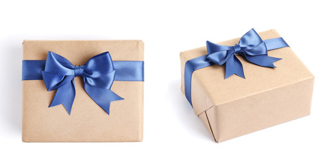 set of craft gift boxes with a blue bow on white
