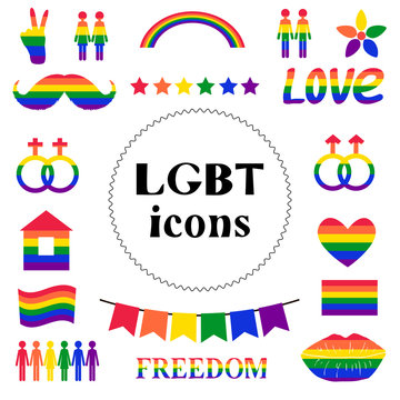 LGBTQ community icons set on a white background. Rainbow collection of flag, heart, people, signs, house, rainbow, mustache, lips, freedom, love, stars, garland and symbols isolated in vector
