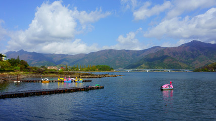 Fototapeta na wymiar Blue sky and blue lake. Landscape beautiful Lake Kawaguchiko, Japan