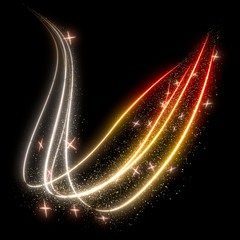 Round golden confetti or sparkles on a black background, with gold luminous lines. 3d rendering image.