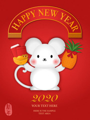 Fototapeta na wymiar 2020 Happy Chinese new year of cartoon cute rat standing holding golden ingot red envelope and pineapple. Chinese translation : New year.