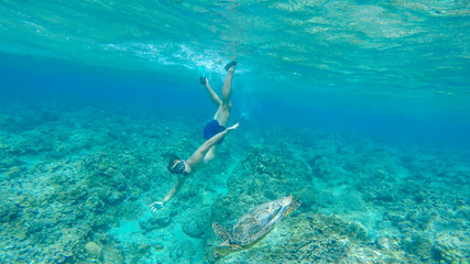 Naklejka na ściany i meble A man in a diving mask and fins diving along a turtle, next to the shore of Gili Air, Lombok Indonesia. Beautiful and crystal clear water. Peaceful coexistence of human and animal. Dream coming true.
