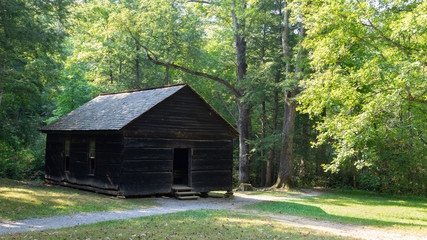 A historic wooden school in the forest of Great Smoky Mountains National Park