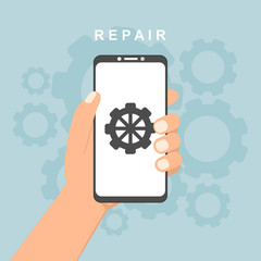 Phone repair with workers and equipment.easy to use and highly customizable. Modern vector illustration concept, isolated on colored background.