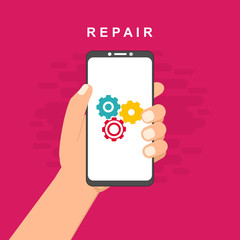 Repair mobile phone. Vector illustration, flat design.electronics. Desk with tools for service. Broken smartphone.
