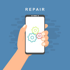 Repair mobile phone. Vector illustration, flat design.electronics. Desk with tools for service. Broken smartphone.