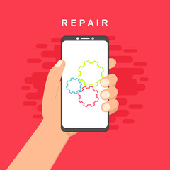 Repair mobile phone. Vector illustration, flat design.electronics. Desk with tools for service. Broken smartphone.