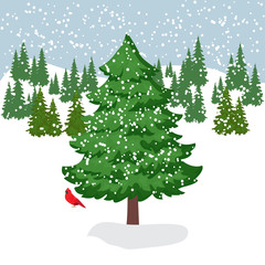 Vector illustration of a winter snow covered forest clearing with a large beautiful fir tree in the foreground