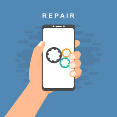 Repair mobile phone. Vector illustration, flat design.electronics. Desk with tools for service. Broken smartphone.