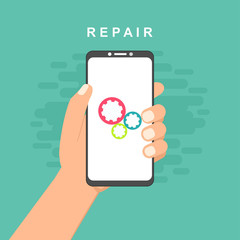 Repair mobile phone. Vector illustration, flat design.electronics. Desk with tools for service. Broken smartphone.