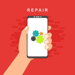 Repair mobile phone. Vector illustration, flat design.electronics. Desk with tools for service. Broken smartphone.