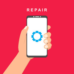 Modern Repairing of mobile phone. Realistic modern mobile phone on background. Vector illustration. Can be used for workflow layout template, banner, marketing, infographics.