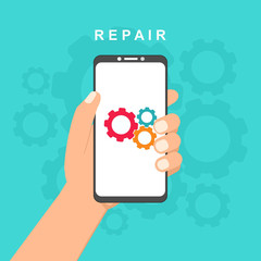Phone repair with workers and equipment.easy to use and highly customizable. Modern vector illustration concept, isolated on colored background.