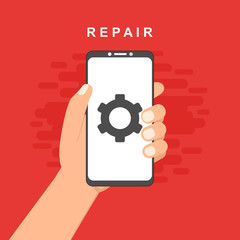 Repair mobile phone. Vector illustration, flat design.electronics. Desk with tools for service. Broken smartphone.