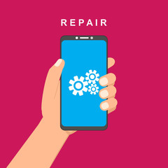 Modern Repairing of mobile phone. Realistic modern mobile phone on background. Vector illustration. Can be used for workflow layout template, banner, marketing, infographics.