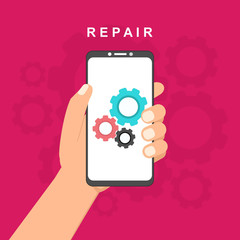 Phone repair with workers and equipment.easy to use and highly customizable. Modern vector illustration concept, isolated on colored background.