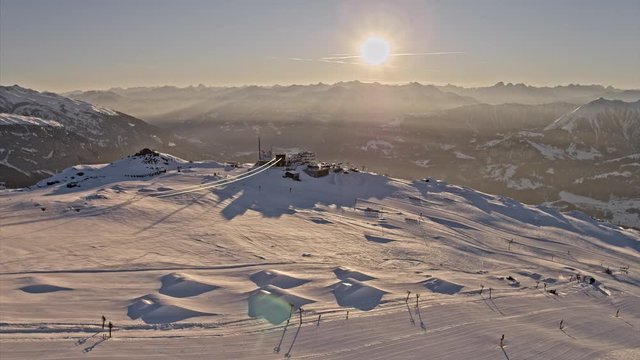 Aerial shot from a Swiss mountain resort during the sunrise. Recorded in 5.2k raw with the DJI Inspire 2 and downscaled to 4k in post-production. 