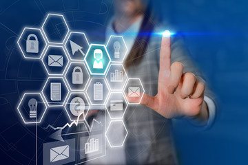 Woman wear formal work suit present presentation using smart latest device