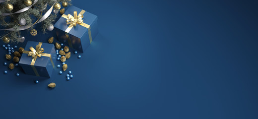 "Merry Christmas and Happy New Year" Card, gift boxes on blue empty mock-up background, 3D Illustration