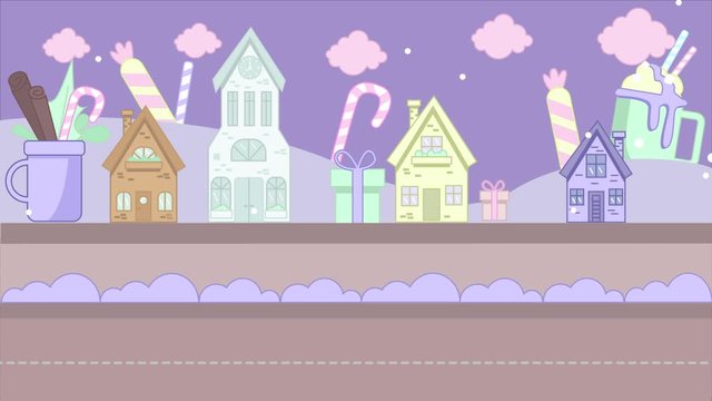 Animated cartoon video clip with a Christmas car. A track rides around the Christmas town. The car rides around the holiday city with sweets. Pastel color. The video shows snowfall. Quality 4K, HD, SD