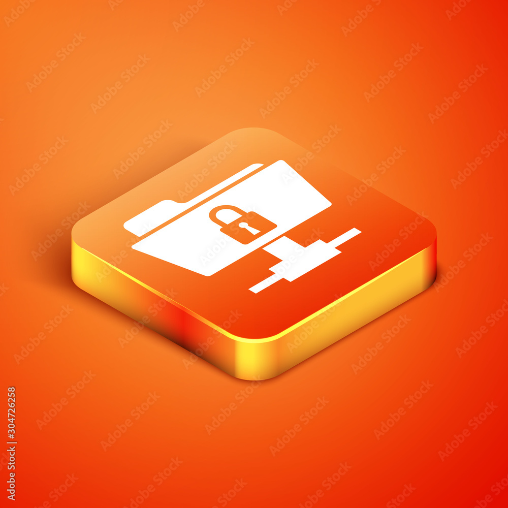 Poster isometric ftp folder and lock icon isolated on orange background. concept of software update, ftp tr