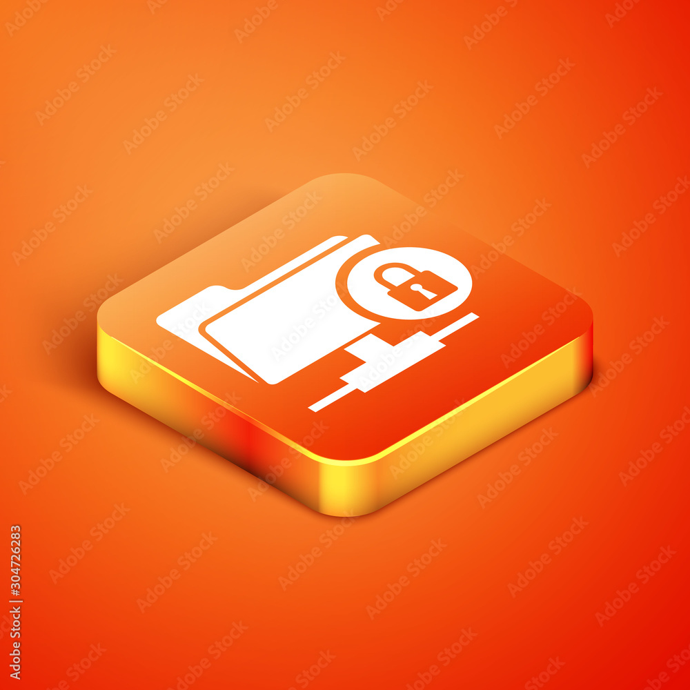 Poster isometric ftp folder and lock icon isolated on orange background. concept of software update, ftp tr