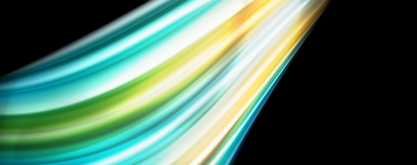 Abstract wave lines fluid rainbow style color stripes on black background. Artistic illustration for presentation, app wallpaper, banner or poster