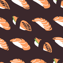 Hand drawn seamless pattern with sea food. Creative ink art work Asian dinner. Actual drawing sushi roll. Vector illustration