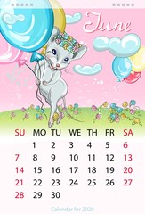 Calendar for the year 2020 of the white rat. Handwritten inscription of the month June. Decorative greeting card with children's day. Image of a mouse on a balloon in the sky.