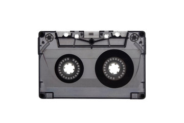 Old tape cassette isolated on white. Old-fashioned plastic cassette.