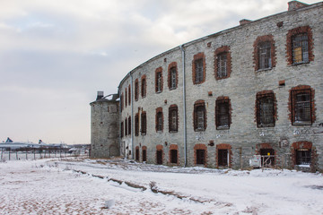 View of the abandoned Tallinn Battery Prison building in winter. Estonia