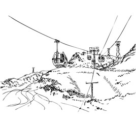 Snowy mountains with lifts. Line art style.