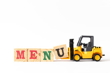 Toy forklift hold wood letter block u to complete word menu on white background