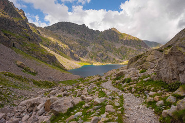 French Alps at an altitude of 2800 meters, Mountain peaks and untouched nature, clear lakes