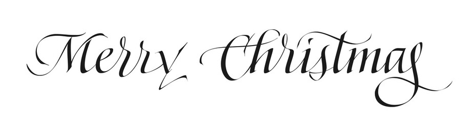 Black text Marry Christmas. Hand drawn ink calligraphy. Vector typographic art. Christmas card. Lettering for logo, design concepts, banners, labels, postcards, invitations, prints, posters, web 
