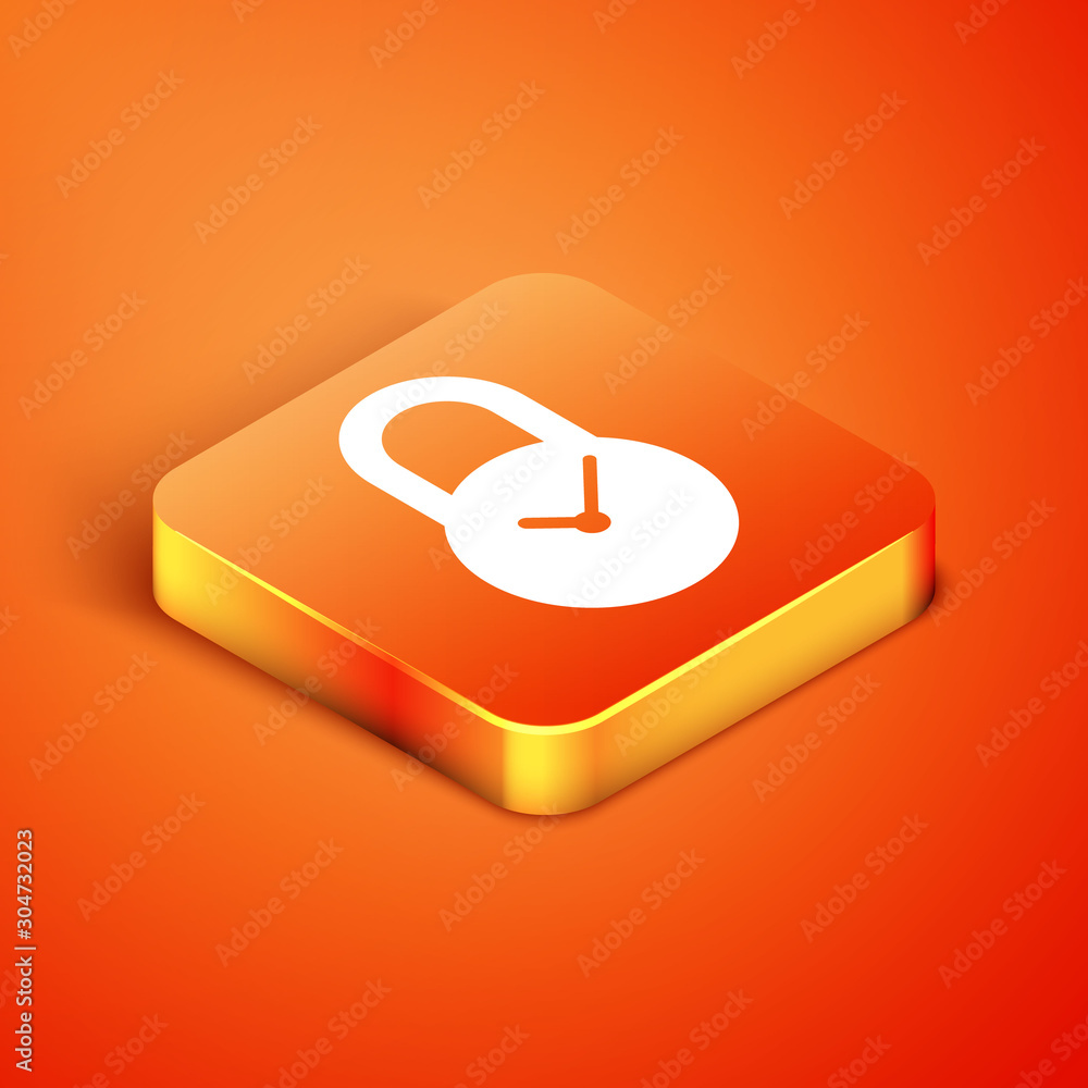 Poster isometric padlock with clock icon isolated on orange background. time control concept. lock and coun