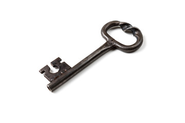 Old vintage grey metal key on white background
