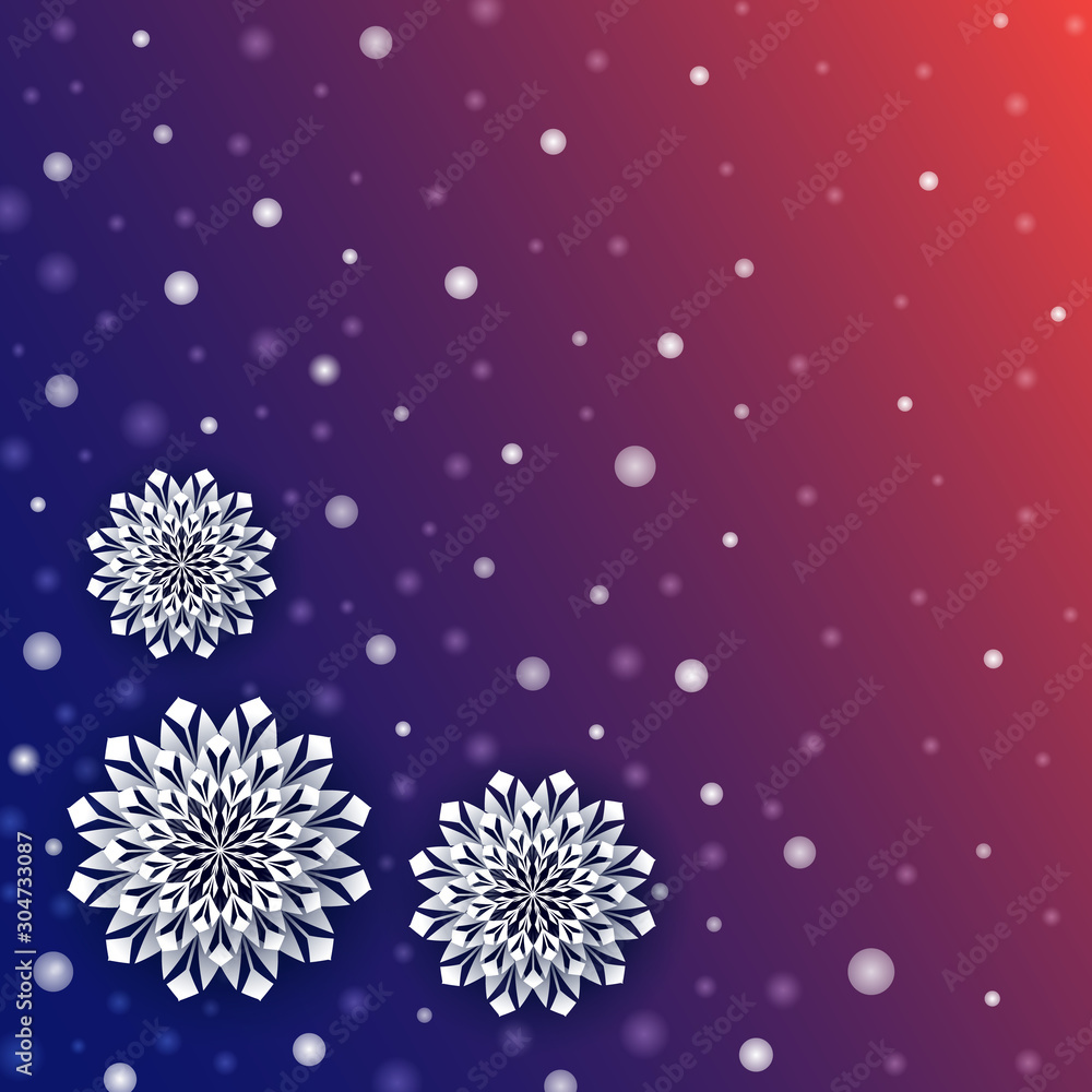 Poster snowfall background with white dots and 3d snowflake