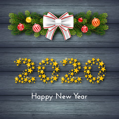 Happy New Year 2020. Holiday gift card with numbers of golden stars, fir garland, bow and Christmas balls on dark wood background. Template for a banner, poster, invitation. Vector illustration