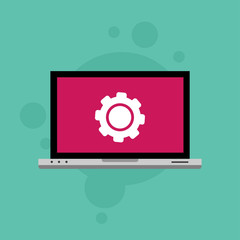 Laptop and gear icon. Laptop service concept. Adjusting app, setting options, maintenance, repair, fixing Vector Illustration
