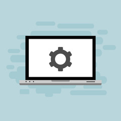 Laptop with gear on screen. Computer repair service, technical support. Flat design. Vector illustration