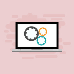 Laptop with gear on screen. Computer repair service, technical support. Flat design. Vector illustration