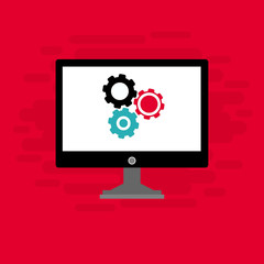 Laptop and gear icon isolated on colored background. Laptop service concept. Adjusting app, setting options, maintenance, repair, fixing. Vector Illustration