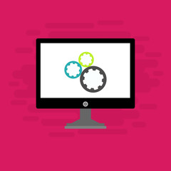Laptop and gear icon isolated on colored background. Laptop service concept. Adjusting app, setting options, maintenance, repair, fixing. Vector Illustration