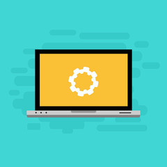 Laptop and gear icon. Laptop service concept. Adjusting app, setting options, maintenance, repair, fixing Vector Illustration