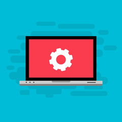 Laptop and gear icon. Laptop service concept. Adjusting app, setting options, maintenance, repair, fixing Vector Illustration