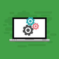 Laptop with gear on screen. Computer repair service, technical support. Flat design. Vector illustration