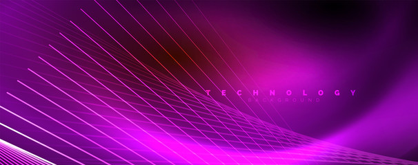 Shiny color neon light with lines, abstract wallpaper, shiny motion, magic space light. Techno abstract background