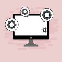 modern Computer monitor and gears. Monitor service concept. Adjusting app, setting options, maintenance, repair, fixing monitor concepts. Set icons colorful. Vector Illustration